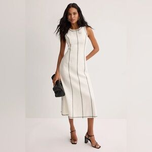Donna Morgan White Linen blend Midi Dress with Black Stripe Trim